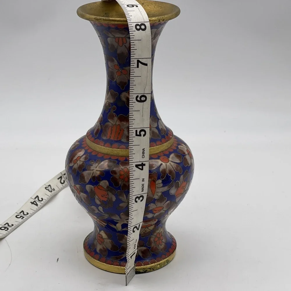 Cloisonné Vase Enameled Blue Orange Floral 8